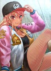 Rule 34 | 1girl, abazu-red, amaryllis gumi, arm up, baseball cap, black dress, black hat, blonde hair, blush, breasts, cleavage, closed mouth, commentary request, dark-skinned female, dark skin, dress, dutch angle, fishnet pantyhose, fishnets, gyaru, hair ornament, hairclip, hand on headwear, hat, jacket, kinnikuman, knee up, kogal, large breasts, long hair, long sleeves, looking at viewer, mask, multicolored clothes, multicolored jacket, open clothes, open jacket, ouga saki, pantyhose, red eyes, shiny skin, sidelocks, sitting, skirt, smile, solo, star (symbol), thighs, unzipped, virtual youtuber