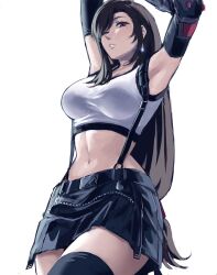 Rule 34 | 1girl, armpits, arms up, black hair, black skirt, black thighhighs, breasts, commentary, cowboy shot, crop top, earrings, elbow gloves, english commentary, final fantasy, final fantasy vii, final fantasy vii rebirth, final fantasy vii remake, glint, gloves, highres, jewelry, kivavis, large breasts, long hair, looking at viewer, low-tied long hair, midriff, navel, one eye closed, parted lips, red eyes, simple background, single earring, single sidelock, skirt, solo, stretching, suspender skirt, suspenders, swept bangs, tank top, teardrop earrings, thighhighs, tifa lockhart, very long hair, white background, zettai ryouiki