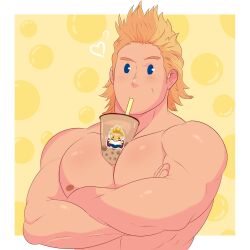 Rule 34 | 1boy, ailurus (ailurushearts), bara, between pectorals, blonde hair, blue eyes, boku no hero academia, bubble tea, bubble tea challenge, character sticker, cup, disposable cup, drinking, drinking straw, drinking straw in mouth, highres, large pectorals, looking at viewer, male focus, merchandise, muscular, muscular male, nipples, nude, object on pectorals, pectorals, raised eyebrow, short hair, sideburns, solo, spiked hair, togata mirio, upper body