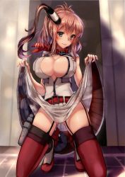 Rule 34 | 10s, 1girl, absurdres, anchor, armadillo-tokage, bare arms, belt, belt buckle, blue eyes, blush, breasts, brown hair, buckle, buttons, cleavage, clothes lift, dress, dress lift, drum magazine, fingernails, floor, garter straps, gluteal fold, high heels, highres, holster, kantai collection, kneeling, large breasts, lens flare, lifted by self, long hair, looking at viewer, magazine (weapon), neckerchief, nervous, on floor, one side up, parted lips, partially unbuttoned, pleated dress, ponytail, red belt, red neckerchief, red thighhighs, rudder footwear, saratoga (kancolle), saratoga mk ii (kancolle), scarf, shadow, sharp fingernails, short sleeves, side ponytail, skirt, smile, solo, star (symbol), star print, striped clothes, striped dress, sweat, thigh holster, thighhighs, white dress