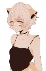 Rule 34 | 1girl, animal ears, arms behind back, bad id, bad pixiv id, bare shoulders, black choker, camisole, choker, closed mouth, copyright request, laina (show by rock!!), mamaloni, monochrome, short sleeves, show by rock!!, simple background, solo, upper body, white background