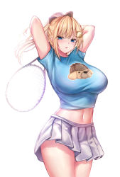 Rule 34 | 1girl, absurdres, animal print, arms up, blonde hair, blue eyes, blue shirt, bow, breasts, cowboy shot, crop top, dog print, hair bow, hair ornament, highres, holding, hololive, hololive english, large breasts, long hair, looking at viewer, luminous, midriff, miniskirt, navel, parted lips, pleated skirt, ponytail, racket, shirt, short sleeves, simple background, skirt, solo, standing, stomach, tennis racket, thighs, virtual youtuber, watson amelia, white background, white skirt