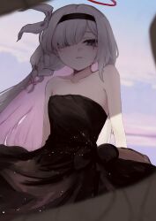 Rule 34 | 1girl, absurdres, alternate costume, armpit crease, bare shoulders, black dress, black hairband, blue archive, blurry, blurry background, blush, bow, braid, collarbone, colored inner hair, dress, floating hair, grey eyes, hair bow, hair over one eye, hairband, halo, highres, long hair, looking at viewer, multicolored hair, open mouth, parted bangs, pink hair, plana (blue archive), red halo, single braid, sleeveless, sleeveless dress, solo, strapless, strapless dress, suzukano pon, white bow, white hair
