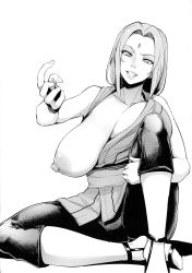 Rule 34 | 1girl, absurdres, breasts, cleavage, highres, huge breasts, large breasts, monochrome, nail polish, naruto, naruto (series), naruto shippuuden, one breast out, smile, source request, tagme, tsunade (naruto)