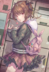 Rule 34 | 1girl, backpack, bag, brown hair, candy, earrings, food, frilled ribbon, frilled skirt, frills, green jacket, hair ornament, hair ribbon, hirokazu (analysis-depth), holding, holding candy, holding food, holding lollipop, hood, hood down, hoodie, jacket, jewelry, locker, lollipop, open mouth, original, pink bag, plaid, plaid skirt, red eyes, red skirt, ribbon, ring, short twintails, skirt, stitched neck, stitches, twintails, x hair ornament