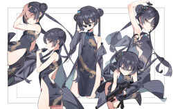 Rule 34 | 1girl, absurdres, arm behind head, arm up, armpits, ass, bare shoulders, black dress, black gloves, black hair, blue archive, braid, braided bun, breasts, butterfly hair ornament, china dress, chinese clothes, commentary, cs/ls06, double bun, dragon print, dress, etoile, gloves, grey eyes, gun, hair bun, hair ornament, highres, holding, holding weapon, kisaki (blue archive), long hair, looking at viewer, md5 mismatch, medium breasts, multiple views, pelvic curtain, print dress, revision, sleeveless, sleeveless dress, small breasts, submachine gun, twintails, weapon