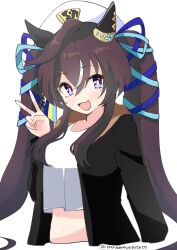Rule 34 | 1girl, :3, absurdres, alternate costume, animal ears, black jacket, blue eyes, brown hair, commentary request, ear covers, hair between eyes, highres, horse ears, horse girl, jacket, long hair, long sleeves, looking at viewer, midriff, mole, mole under eye, multicolored hair, navel, open clothes, open jacket, open mouth, sangria (sangria69), shirt, shirt overhang, simple background, single ear cover, smile, solo, streaked hair, twitter username, umamusume, v, very long hair, vivlos (umamusume), white background, white hair, white headwear, white shirt