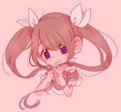 Rule 34 | 1girl, blouse, blue eyes, breasts, brown hair, chibi, detached sleeves, hair behind ear, hair ribbon, head tilt, highres, indie virtual youtuber, long hair, looking at viewer, medium breasts, nina saotome, picky (vtuber) (artist), pink background, ribbon, shirt, short sleeves, sleeveless, sleeveless shirt, smile, solo, twintails, upper body, virtual youtuber, white shirt