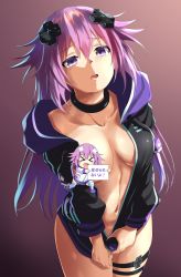 Rule 34 | 1girl, adult neptune, blush, breasts, can&#039;t show this (meme), censored, censored nipples, cleavage, d-pad, female focus, hair ornament, highres, hood, hooded track jacket, jacket, long hair, looking at viewer, medium breasts, navel, neptune (neptunia), neptune (series), novelty censor, oekakizuki, open clothes, open mouth, purple eyes, purple hair, shin jigen game neptune vii, solo, track jacket, undressing, unzipped