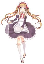Rule 34 | 10s, 1girl, apron, bad id, bad pixiv id, blonde hair, blush, elf, frills, full body, highres, long hair, looking at viewer, maid, maid apron, maid headdress, myucel foalan, outbreak company, pointy ears, purple eyes, smile, solo, transparent background, twintails, very long hair, white background, yikoyi