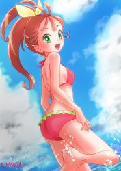 Rule 34 | artist name, ass, back, bare arms, bare legs, bare shoulders, barefoot, bikini, blush, bow, breasts, brown hair, cloud, cloudy sky, commentary request, day, dutch angle, frilled bikini, frills, from behind, green bikini, green eyes, hair bow, hair strand, halterneck, kasuga rurito, leg up, long hair, looking at viewer, looking back, multicolored bikini, multicolored clothes, natsuumi manatsu, ocean, open mouth, outdoors, partially submerged, pink bikini, precure, shiny skin, side ponytail, signature, sky, small breasts, smile, solo, splashing, swimsuit, teeth, tropical-rouge! precure, upper teeth only, water, water drop, yellow bow