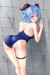 Rule 34 | 1girl, ahoge, alternate costume, alternate hairstyle, ass, back, bar censor, bare arms, bare shoulders, bent over, blue hair, blue one-piece swimsuit, blush, breasts, censored, clothing aside, commentary request, condensation, contemporary, feet out of frame, ganyu (genshin impact), genshin impact, glass, goat horns, hair up, highres, horns, indoors, legs, long hair, looking at viewer, looking back, matrix16, medium breasts, mixed-language commentary, one-piece swimsuit, open mouth, paid reward available, purple eyes, pussy, raised eyebrows, school swimsuit, shower (place), sidelocks, solo, standing, swimsuit, swimsuit aside, thigh strap, thighs, tile wall, tiles, wet, wet clothes, wet swimsuit