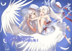 Rule 34 | 10s, 2girls, artist name, bare shoulders, blue background, blush, breasts, copyright request, dress, eyebrows, feathered wings, feathers, frilled dress, frills, gradient background, hat, holding hands, holding own arm, hug, hug from behind, kantai collection, long hair, medium breasts, mother and daughter, multiple girls, open mouth, ponytail, red ribbon, ribbon, sensen, shoes, shoukaku (kancolle), signature, sleeveless, sleeveless dress, smile, thank you, translation request, very long hair, white dress, white hair, wings, yellow eyes