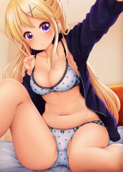 Rule 34 | 1girl, :o, arm up, blonde hair, blush, bow, bow bra, bow panties, bra, breasts, cleavage, collarbone, commentary request, hair ornament, hairclip, hand up, head tilt, highres, indoors, jacket, kin-iro mosaic, kujou karen, long hair, medium breasts, minato ojitan, navel, open clothes, open jacket, outstretched arm, panties, parted lips, purple eyes, purple jacket, reaching, reaching towards viewer, selfie, sitting, solo, underwear, v, very long hair, white bra, white panties, x hair ornament