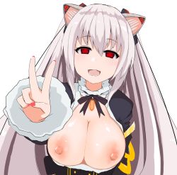 Rule 34 | :d, black jacket, black ribbon, breasts, breasts out, collar, frilled collar, frills, hair between eyes, highres, jacket, large breasts, long hair, long sleeves, nipples, nora cat, nora cat channel, open clothes, open mouth, open shirt, red eyes, ribbon, simple background, smile, v, varitora, virtual youtuber, white background, white collar, white hair