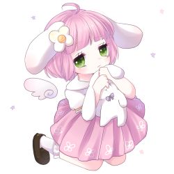Rule 34 | 1girl, ahoge, animal ears, blunt bangs, blush, bobby socks, brown footwear, child, closed mouth, flower, frilled sleeves, frills, full body, green eyes, hair flower, hair ornament, loafers, looking at viewer, hugging object, original, pink hair, pink skirt, puffy short sleeves, puffy sleeves, rabbit ears, shirt, shoes, short sleeves, simple background, skirt, socks, solo, star (symbol), starry background, stuffed animal, stuffed rabbit, stuffed toy, uzaki moi, white background, white shirt, white socks