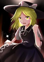 Rule 34 | black hat, black skirt, black vest, blonde hair, bow, clenched hand, collared vest, crying, crying with eyes open, hat, hat bow, highres, medium hair, mystic square, open mouth, puffy short sleeves, puffy sleeves, ribbon, ruritenshiki, shirt, short sleeves, skirt, tears, touhou, touhou (pc-98), vest, white bow, white ribbon, white shirt, yellow eyes, yuki (touhou)