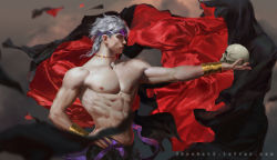 Rule 34 | 1boy, abs, blurry, depth of field, dio brando, gold, hand on own hip, headband, holding, jojo no kimyou na bouken, krabat, male focus, manly, muscular, outstretched arm, profile, pteruges, realistic, red eyes, scar, topless male, silver hair, skull, solo, stitched, stitches, third-party edit, upper body, watermark, web address, wrist cuffs