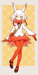 Rule 34 | 10s, 1girl, arms at sides, bird tail, bird wings, black footwear, blouse, blunt bangs, border, dot nose, drawstring, empty eyes, expressionless, eyelashes, feathered wings, frilled sleeves, frills, full body, gloves, gradient hair, head wings, japanese crested ibis (kemono friends), jitome, kemono friends, l hakase, leg lift, long sleeves, looking to the side, mary janes, multicolored hair, pantyhose, parted lips, pleated skirt, red gloves, red hair, red pantyhose, red skirt, shirt, shoes, short hair with long locks, sidelocks, signature, skirt, solo, tail, teeth, thermos, two-tone hair, upper teeth only, white hair, white shirt, wide sleeves, wings, yellow background, yellow eyes