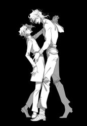 Rule 34 | 2boys, artistic error, birthmark, commentary request, constricted pupils, dio brando, earrings, fangs, gakuran, greyscale, hand grab, height difference, highres, jewelry, jojo no kimyou na bouken, kakyoin noriaki, knee pads, male focus, monochrome, multiple boys, nervous sweating, scar, scar on neck, school uniform, sempon (doppio note), stardust crusaders, sweat, topless male, yaoi