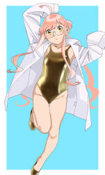 Rule 34 | 1girl, absurdres, ahoge, aqua-framed eyewear, aqua background, breasts, coat, collarbone, double bun, full body, glasses, gold one-piece swimsuit, gold shoes, hair bun, highres, kantai collection, lab coat, long hair, looking at viewer, makigumo (kancolle), ojipon, one-piece swimsuit, pink hair, sleeves past fingers, sleeves past wrists, small breasts, solo, swimsuit, twintails, white coat, yellow eyes