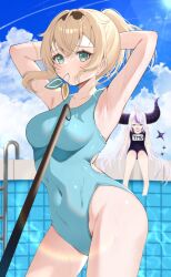 Rule 34 | alternate costume, blonde hair, blue eyes, hair ornament, hairband, highres, hololive, holox, kazama iroha, la+ darknesss, looking at viewer, mogmog megmog, one-piece swimsuit, ponytail, swimsuit, virtual youtuber