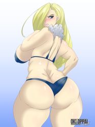 Rule 34 | 1girl, artist name, ass, back, blonde hair, blue eyes, blush, breasts, butt crack, from behind, fullmetal alchemist, hand on own hip, highres, huge ass, large breasts, lips, long hair, okioppai, olivier mira armstrong, sideboob, solo, thick thighs, thighs, wide hips