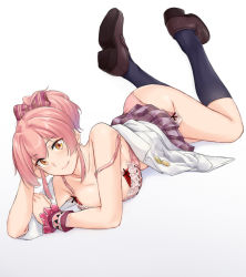Rule 34 | 1girl, ass, bare arms, bare shoulders, bikini, black footwear, black socks, blue socks, blush, bow, bra, breasts, cleavage, collarbone, commentary, feet up, gradient background, grey background, grey skirt, hair bow, hair ornament, hand in own hair, hand up, idolmaster, idolmaster cinderella girls, jougasaki mika, kneehighs, large breasts, looking at viewer, lying, on stomach, open clothes, open shirt, panties, pin, pink bikini, pink hair, pink panties, plaid, plaid skirt, pleated skirt, ponytail, saruno (eyesonly712), shirt, short hair, sidelocks, skirt, smile, socks, solo, swimsuit, underwear, white background, white shirt, wrist cuffs