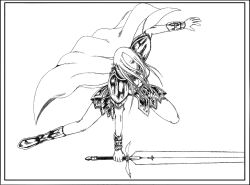 Rule 34 | 00s, 1girl, armor, cape, claymore (series), claymore (sword), faulds, greaves, greyscale, holding, holding sword, holding weapon, irene, long hair, monochrome, pauldrons, pointy ears, shoulder armor, solo, sword, vambraces, weapon