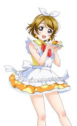 Rule 34 | 1girl, apron, artist request, bare shoulders, blush, bow, brown hair, dress, earrings, fingernails, food, hair bow, hairband, holding, jewelry, koizumi hanayo, korekara no someday, looking at viewer, love live!, love live! school idol festival, love live! school idol festival after school activity, love live! school idol project, nail polish, official art, open mouth, petticoat, pink nails, plate, purple eyes, short hair, sleeveless, sleeveless dress, smile, solo, sweets, transparent background