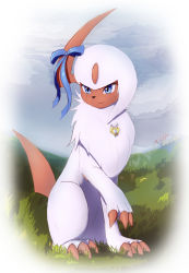 Rule 34 | absol, absurdres, alternate color, animal focus, artist name, asymmetrical hair, blue eyes, blue ribbon, border, bracelet, claws, closed mouth, cloud, cloudy sky, commission, creatures (company), dated, day, eryz, fisheye, full body, game freak, gen 3 pokemon, grass, grey sky, happy, highres, horn ornament, horn ribbon, horns, jewelry, jpeg artifacts, looking to the side, mega stone, nintendo, no humans, outdoors, pokemon, pokemon (creature), ribbon, scar, scar across eye, scar on face, shiny pokemon, short hair, signature, sitting, sky, smile, solo, white border, white hair