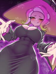 Rule 34 | 1girl, black dress, blonde hair, blush, breasts, cleavage, closed mouth, dress, female focus, from below, gradient hair, half-closed eyes, hat, highres, large breasts, large hat, licking lips, long sleeves, looking down, multicolored hair, nintendo, octoling, octoling girl, octoling player character, pero (pero7762), pink hair, red eyes, short hair, smile, solo, splatoon (series), split mouth, standing, suction cups, tentacle hair, tongue, tongue out, two-tone hair, wide sleeves, witch hat