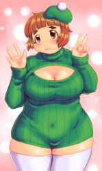Rule 34 | 1girl, blush, breasts, brown eyes, brown hair, cleavage, cleavage cutout, clothing cutout, covered navel, curvy, hat, highres, kokumotsu, large breasts, looking at viewer, original, plump, short hair, smile, solo, standing, thick thighs, thighhighs, thighs, v, wide hips