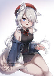 Rule 34 | 1girl, 9a-91 (girls&#039; frontline), animal ear fluff, animal ears, animal hands, bare shoulders, beret, black shirt, black skirt, blouse, blue eyes, blue jacket, blush, breasts, costume request, fang, feet out of frame, furrification, furry, furry female, girls&#039; frontline, grey hair, hair over one eye, hat, highres, jacket, long hair, looking at viewer, medium breasts, neck ribbon, off shoulder, official alternate costume, open clothes, open jacket, open mouth, red hat, red ribbon, ribbon, shirt, simple background, sitting, skirt, solo, tail, two-tone skirt, umou (may65879), white background, white skirt
