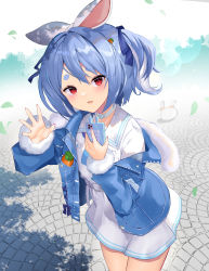 Rule 34 | 1girl, absurdres, animal ears, blue hair, carrot, commentary request, cowboy shot, day, from above, hand up, highres, holding, holding phone, hololive, leaning forward, looking at viewer, meteor (yamashou), outdoors, phone, rabbit ears, red eyes, solo, two side up, usada pekora, usada pekora (casual), virtual youtuber