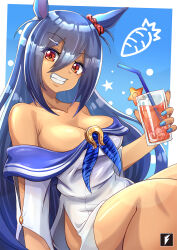 Rule 34 | 1girl, animal ears, artist logo, bare shoulders, blue hair, blue nails, breasts, carrot, collarbone, drink, drinking straw, eyelashes, female focus, grin, hair between eyes, hair ornament, hair scrunchie, hairclip, highres, hip vent, hishi amazon (umamusume), holding, holding drink, horse ears, horse girl, ice, juice, large breasts, long hair, looking at viewer, nail polish, off shoulder, parted lips, red eyes, scrunchie, sitting, smile, star (symbol), teeth, teng zhai zi, thighs, umamusume, very long hair