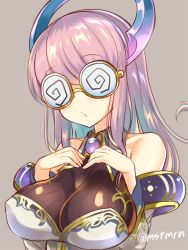 Rule 34 | 1girl, bad id, bad pixiv id, breasts, coke-bottle glasses, glasses, horns, impossible clothes, juri (p&amp;d), large breasts, long hair, mashiro miru, pink hair, pursed lips, puzzle &amp; dragons, solo, upper body