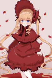 Rule 34 | 1girl, black bow, black bowtie, blonde hair, bloomers, blue eyes, blunt bangs, blush, bonnet, bow, bowtie, capelet, closed mouth, commentary request, dress, drill hair, drill sidelocks, expressionless, feet out of frame, flower brooch, frilled capelet, frilled dress, frilled sleeves, frills, grey background, highres, lolita fashion, long hair, long sleeves, looking at viewer, medium bangs, petals, quad drills, red capelet, red dress, red headwear, rozen maiden, shinku, sidelocks, simple background, solo, standing, stella (pokopokobanana), twintails, underwear, very long hair, white bloomers