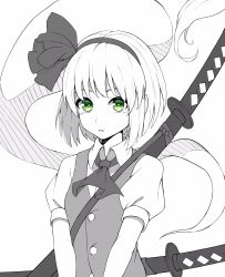 Rule 34 | 1girl, ascot, bright pupils, commentary request, expressionless, eyebrows hidden by hair, green eyes, greyscale, hair ribbon, hairband, highres, hitodama, katana, konpaku youmu, konpaku youmu (ghost), looking at viewer, monochrome, parted lips, puffy short sleeves, puffy sleeves, ribbon, sheath, sheathed, short hair, short sleeves, simple background, solo, spot color, sword, touhou, upper body, vest, weapon, yoshinatsu
