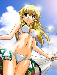 Rule 34 | 1girl, anzio (emblem), beach towel, bikini, blonde hair, blue sky, breasts, carpaccio (girls und panzer), closed mouth, cloud, cloudy sky, commentary request, day, dutch angle, emblem, frilled bikini, frills, girls und panzer, gluteal fold, green eyes, holding, holding towel, lens flare, long hair, looking at viewer, medium breasts, navel, oosaka kanagawa, outdoors, side-tie bikini bottom, sky, smile, solo, standing, swimsuit, towel, white bikini, wind