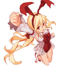 Rule 34 | 1girl, arm up, armpits, blonde hair, clenched hands, demon tail, detached sleeves, disgaea, flonne, flonne (fallen angel), hairband, highres, jumping, leotard, long hair, makai senki disgaea, open mouth, red eyes, red leotard, ribbon, shoes, simple background, smile, solo, tail, white background, yanyan (shinken gomi)