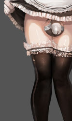 Rule 34 | 1boy, alternate costume, arknights, bison (arknights), brown dress, brown thighhighs, chastity cage, clothes lift, crossdressing, dress, enmaided, gloves, grey background, highres, maid, mo ne, penis, simple background, skirt, skirt lift, small penis, solo, testicles, thighhighs, trap, white gloves