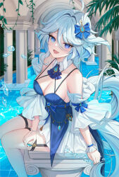 Rule 34 | 1girl, absurdres, aqua nails, bare shoulders, blue dress, blue eyes, blue hair, blurry, blurry background, breasts, cleavage, collarbone, corgi (corgi0322), detached sleeves, dress, eyelashes, feet out of frame, furina (genshin impact), garter straps, genshin impact, highres, light blue hair, looking at viewer, medium breasts, open mouth, plant, purple eyes, sleeveless, sleeveless dress, smile, solo, spaghetti strap, teardrop, two-tone eyes, vines, water, white sleeves
