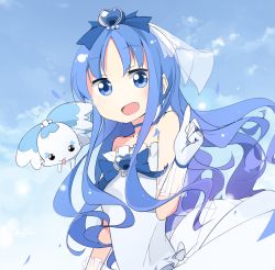 Rule 34 | 10s, 1girl, adapted costume, bad id, bad pixiv id, blue eyes, blue hair, blue theme, brooch, choker, cloud, coffret (heartcatch precure!), cure marine, day, dress, fang, gloves, hair ornament, heart, heart brooch, heartcatch precure!, highres, jewelry, kurumi erika, long hair, magical girl, open mouth, petals, precure, ribbon, ring, sky, smile, sunyukun, wedding dress, white gloves