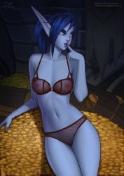 Rule 34 | 1girl, black bra, black panties, blue eyes, blue hair, blue skin, bra, breasts, brick wall, coin, collarbone, colored skin, commentary, cowboy shot, deilan12, elf, english commentary, finger to mouth, gold, gold coin, highres, long hair, nail polish, navel, nipples, panties, pointy ears, purple nails, cameltoe, red lips, signature, solo, stomach, treasure chest, underwear, underwear only, warcraft, watermark, web address, white eyes, world of warcraft