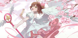 Rule 34 | 1girl, angel wings, bow, brown hair, cardcaptor sakura, cherry blossoms, clear card, dress, green eyes, hair bow, holding, holding staff, kinomoto sakura, looking at viewer, magical girl, open mouth, pink bow, pink dress, pink ribbon, pink theme, puffy short sleeves, puffy sleeves, ribbon, short hair, short sleeves, staff, thigh strap, white dress, white wings, wings, xiaojiaju, yume no tsue