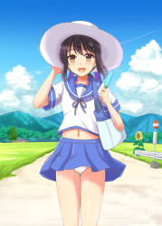 Rule 34 | 10s, 1girl, :d, bag, black hair, blouse, blue skirt, blue sky, blush, bus stop, cloud, day, flower, food, fubuki (kancolle), hair ornament, hairclip, happy, hat, house, kantai collection, landscape, legs together, looking at viewer, md5 mismatch, midriff, mountain, navel, neckerchief, ookawa wataru, open mouth, outdoors, panties, pantyshot, pleated skirt, ponytail, popsicle, resolution mismatch, school uniform, serafuku, shirt, short ponytail, short sleeves, sidelocks, sign, skirt, sky, smile, solo, source smaller, standing, sun hat, sunflower, tree, underwear, white hat, white panties, wind, wind lift, yellow eyes