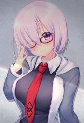 Rule 34 | 1girl, black-framed eyewear, blush, breasts, closed mouth, collared shirt, commentary request, fate/grand order, fate (series), glasses, hair over one eye, highres, hio (hiohio0306), hood, hoodie, large breasts, light purple hair, looking at viewer, mash kyrielight, md5 mismatch, necktie, pink hair, purple eyes, red necktie, resolution mismatch, shade, shirt, short hair, smile, solo, source smaller, tareme, upper body, white shirt, wing collar
