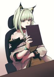 Rule 34 | 1girl, absurdres, animal ear fluff, animal ears, arknights, bare shoulders, chair, clipboard, coat, collar, covering own mouth, dress, green dress, green eyes, green hair, gwangvt, highres, holding, holding clipboard, kal&#039;tsit (arknights), long hair, long sleeves, looking at viewer, material growth, off-shoulder coat, off shoulder, office chair, oripathy lesion (arknights), sitting, solo, swivel chair, table, white coat, wristband