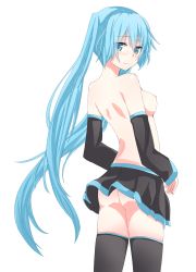 Rule 34 | 1girl, aqua eyes, aqua hair, ass, bad id, bad pixiv id, breasts, detached sleeves, hatsune miku, jack dempa, long hair, looking back, nipples, no panties, simple background, skirt, small breasts, solo, thighhighs, topless, twintails, very long hair, vocaloid, white background